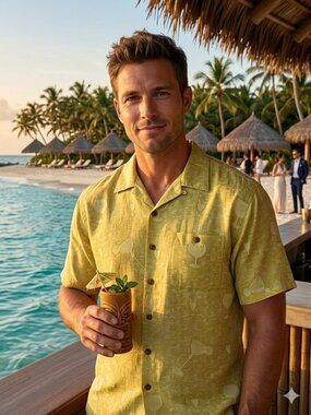 Paradise Cove Men's XL 100% Silk Camp Shirt Yellow Green Cocktail Novelty Print